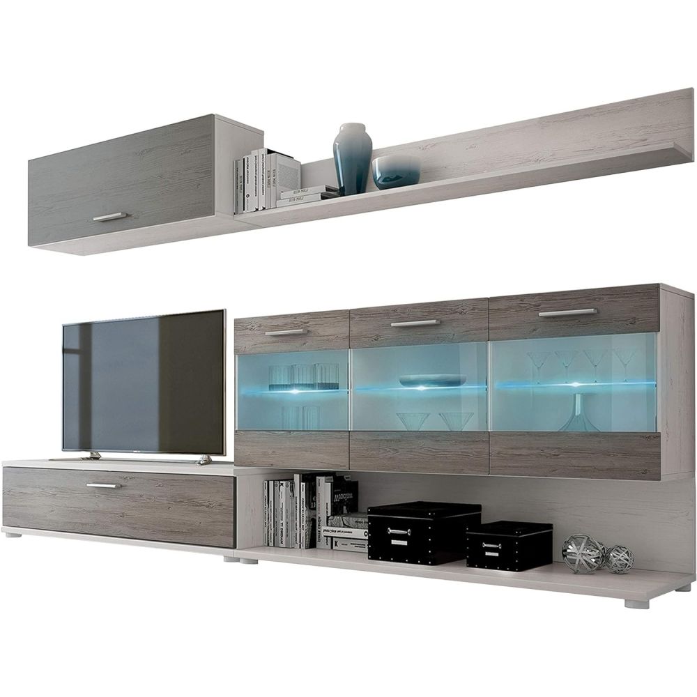 Mueble de Salón con Leds, Acabado en Andersen Pino, 250x115 cm