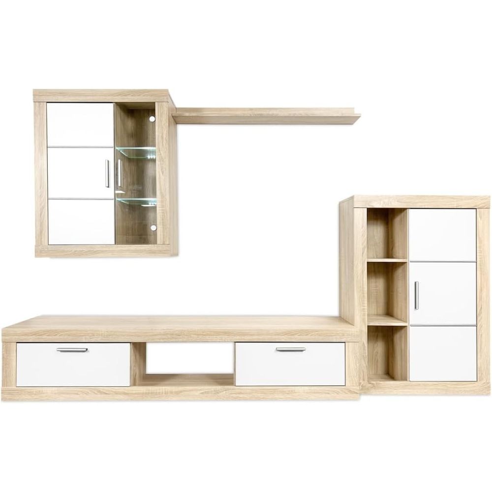 Mueble de salón y TV Moderno con Leds Color Cambria, cambria y blanco módulo de comedor