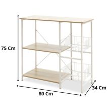 Estanteria de Cocina con 2 Cestas de Malla Metálica Blanca, 3 Estantes y Ganchos 80x34x75cm Color Madera y Blanco
