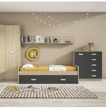 Cómoda Grande para Dormitorio o Salón – Natural y Grafito, 60 x 108 x 60 cm, 1 Puerta y 5 Cajones de Almacenaje.