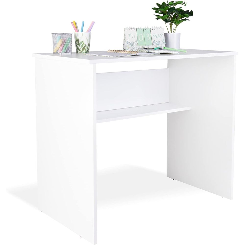 Mesa de Escritorio, Acabada en Blanco, Mesa para Pc con balda interior, Medidas: 90 cm (Ancho) x 49,5 cm (Fondo) x 77 cm (Alto)
