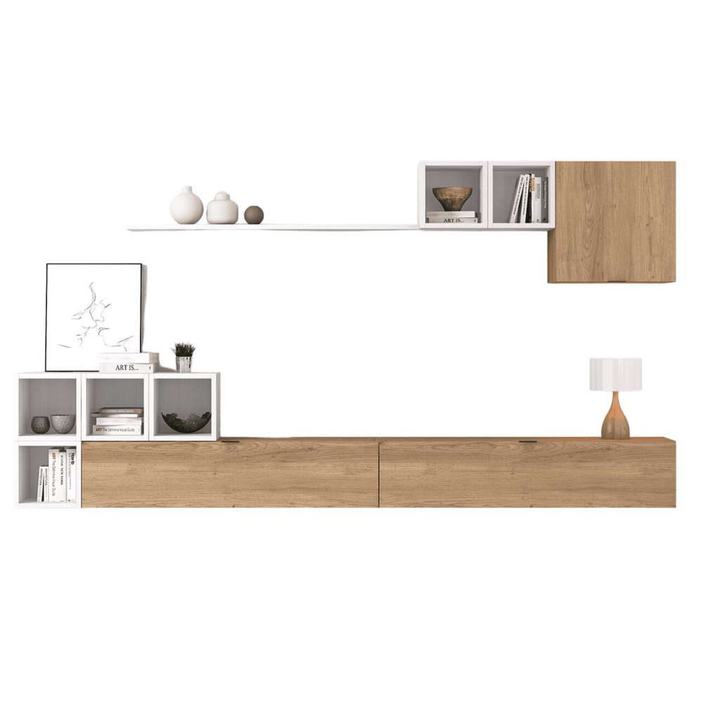 Mueble de salón y TV Conjunto muebles de salón apilable, madera y blanco, 301 cm de ancho