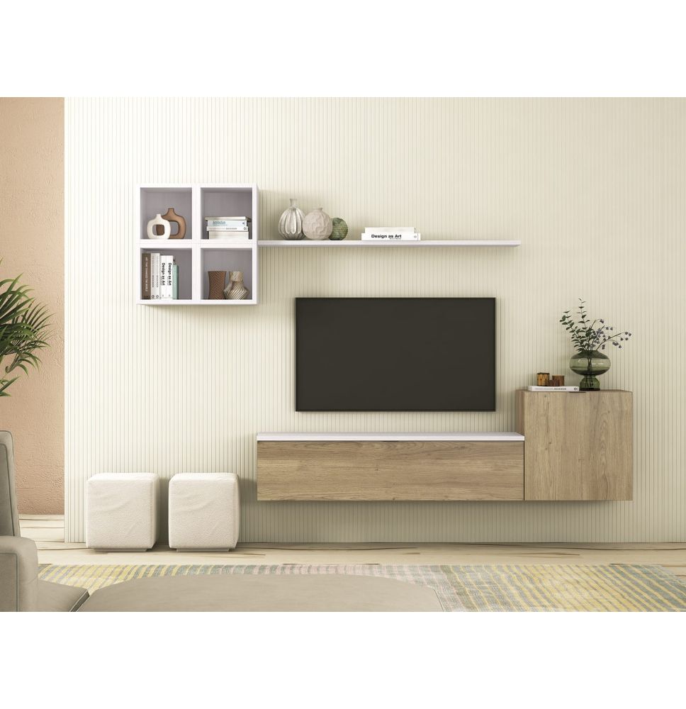 Meyvaser Mueble de salón y TV Conjunto muebles de salón apilable 245 Cm Ancho Color madera y blanco