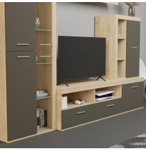 Mueble de Salón Moderno con Leds, Acabado en Cambria - Grafito, Medidas: 260 cm (Ancho) x 191 cm (Alto) 47,5 cm (Fondo)