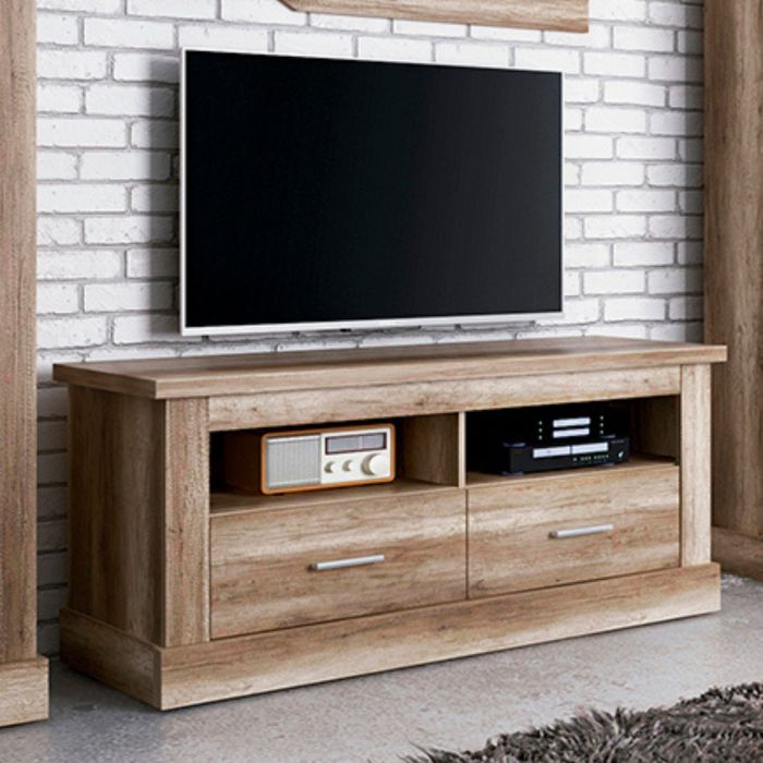 Mueble Mesa TV, Mesa de televisión 2 Puertas y 2 Estantes, Color Cañón, 135 cm Lar x 56,6 cm Al x 41,5 Cm
