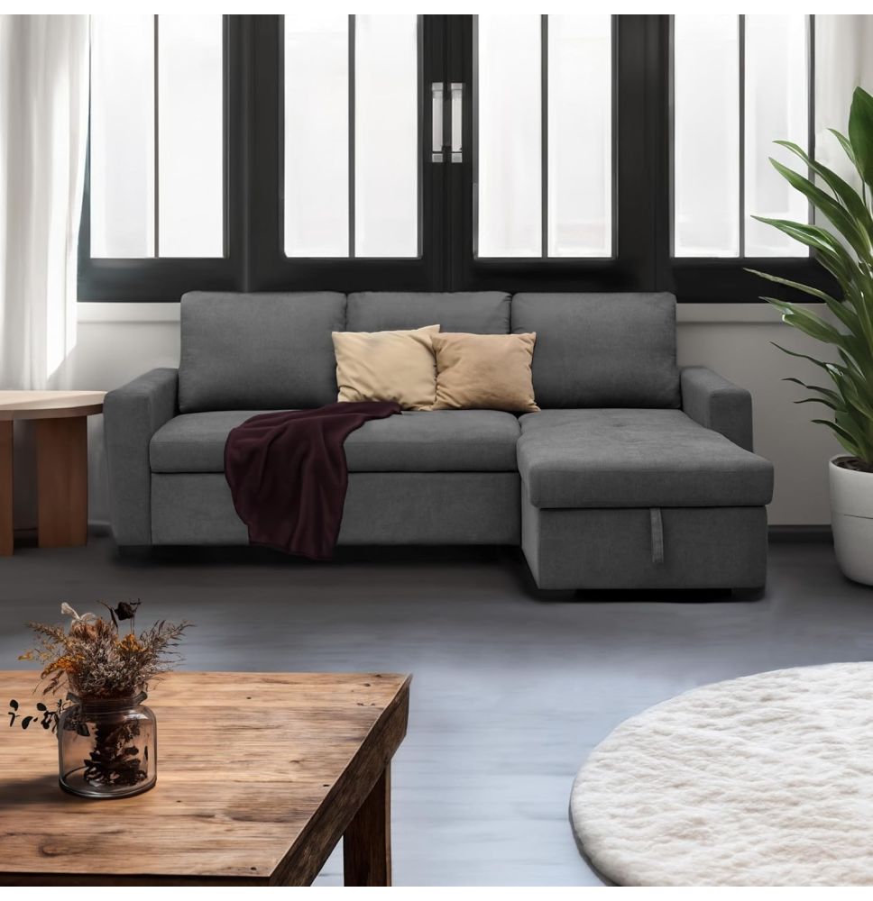 Sofá Cama 3 Plazas Reversible con Chaiselongue y Almacenaje, Tapizado en Tela Gris, 229x93x153 cm