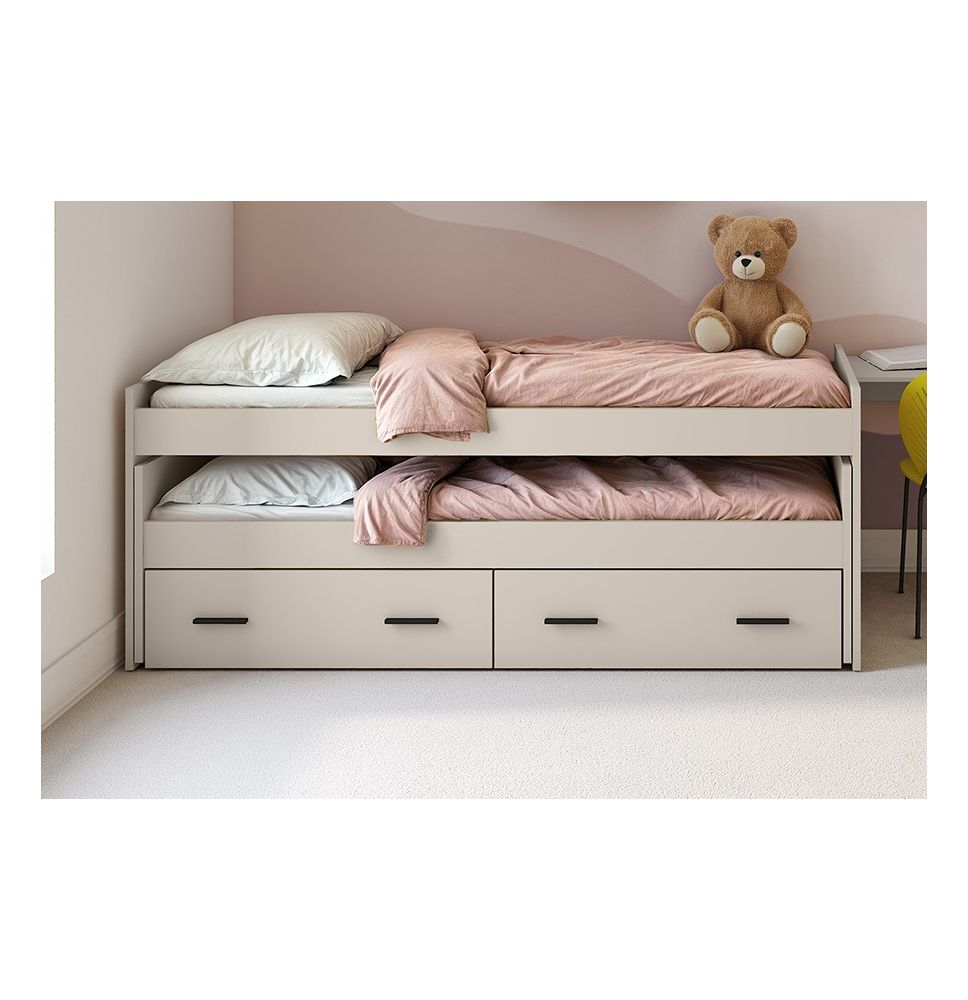 Cama Nido Juvenil Doble con Cajones de Almacenaje – Beige y Negro, 202,6 cm Largo x 98 cm Ancho x 72 cm Alto, Primera Calidad
